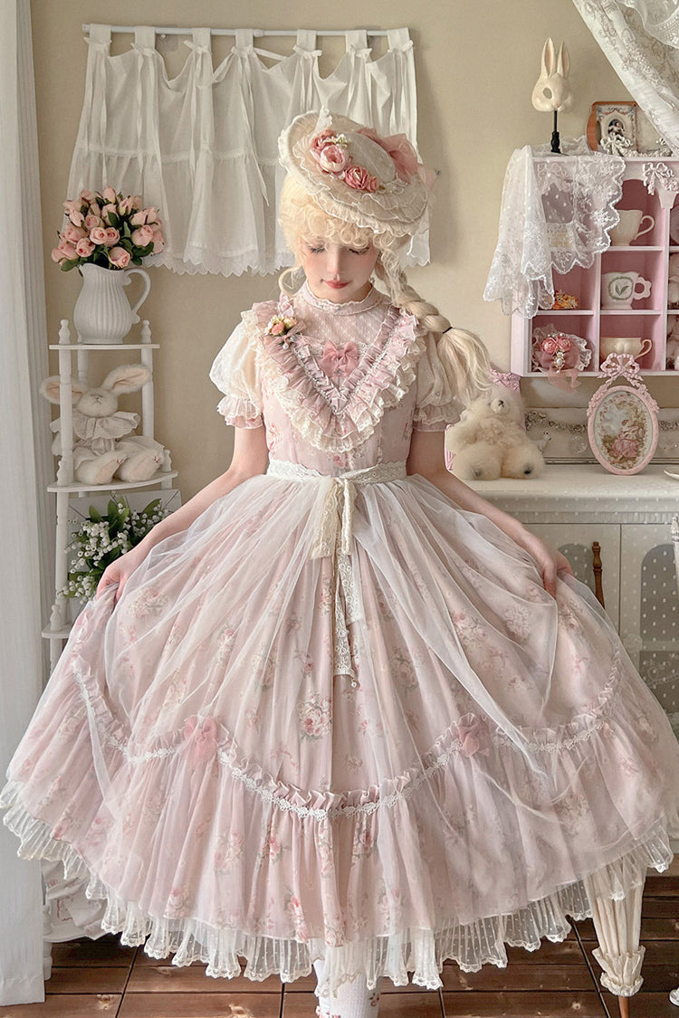 Daydream Rose Floral Jacquard Print Ruffle Embroidered Bow Sweet Lolita Dress in Three Shades