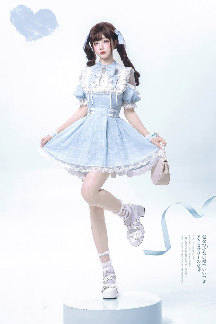Short-Sleeve Plaid Ruffled Lace Jirai Kei Japanese Lolita Dress