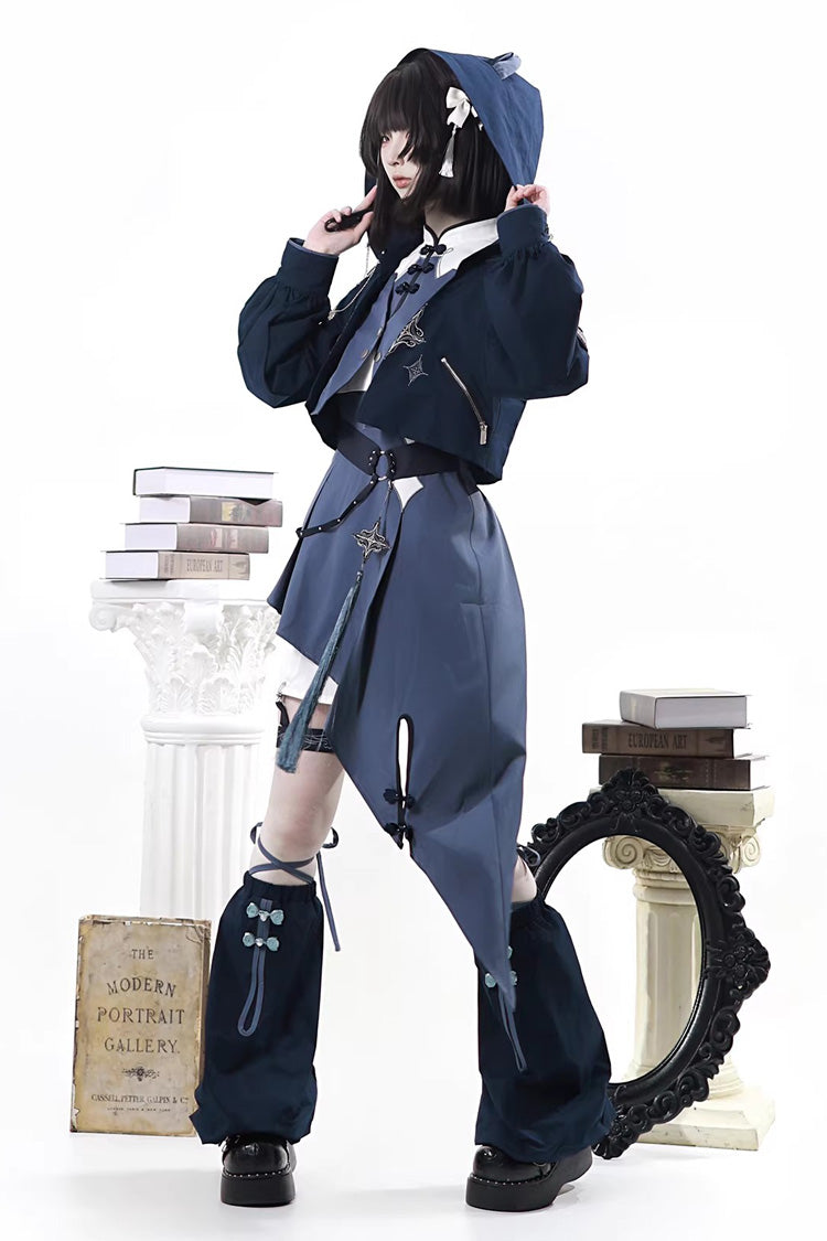 Stand Collar Long Sleeves Embroidered Hooded Asymmetric Punk Ouji Lolita Dress Four-Piece Set - Indigo Shadow Journey