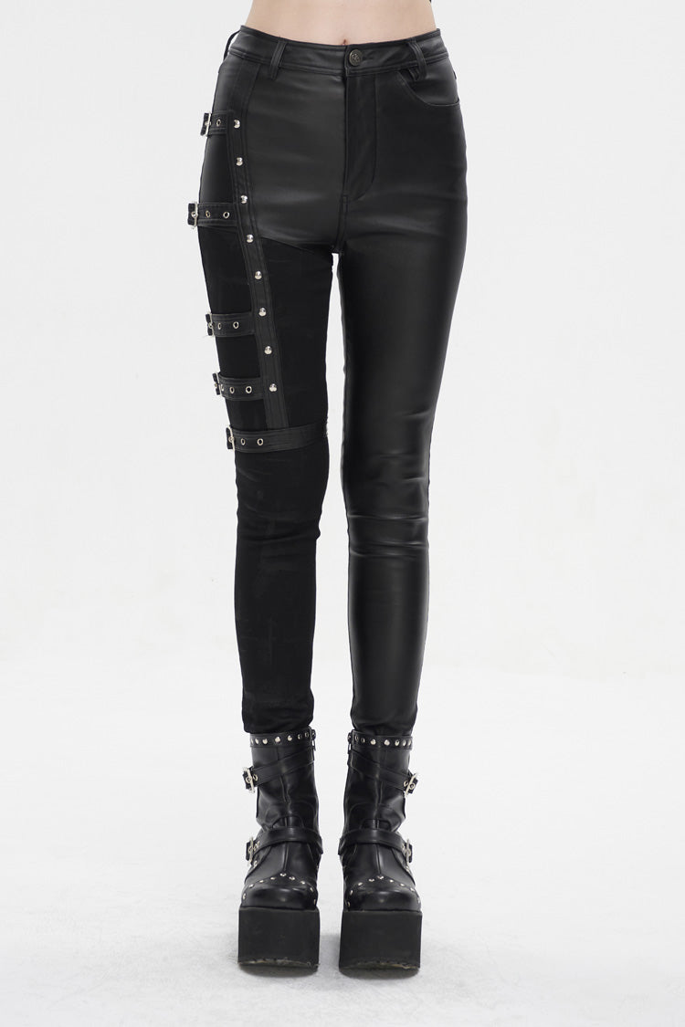 Leather Multi-Buckle Splice Punk Trousers for Women