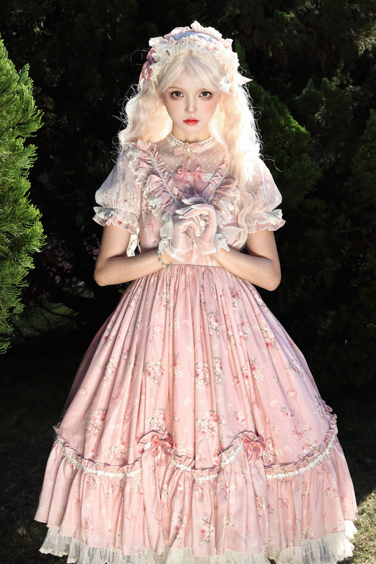Daydream Rose Floral Jacquard Print Ruffle Embroidered Bow Sweet Lolita Dress in Three Shades