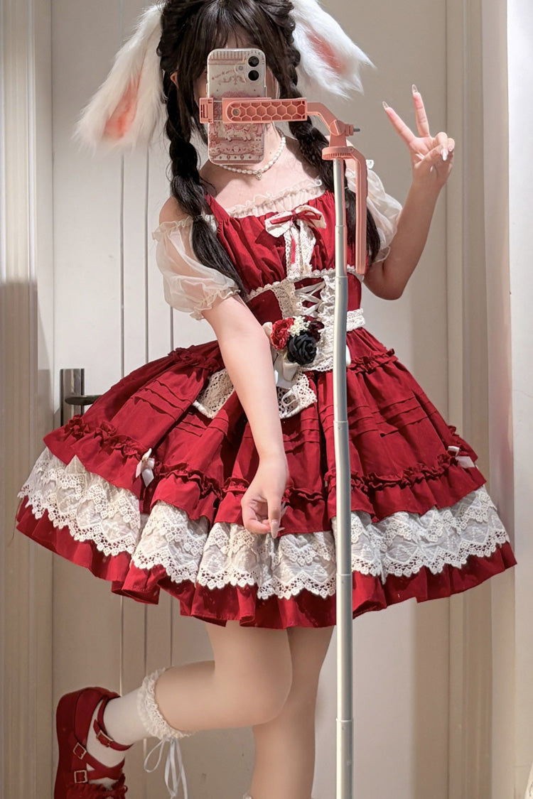 Crimson Vivian Off-Shoulder Short Sleeve Ruffled Bow Lace Sweet Princess Lolita Gown