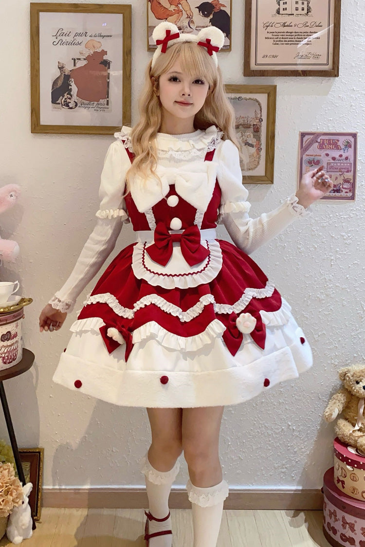 Winter Ruffle Bowknot Sweet JSK Dress in 3 Shades - Cream Snow Cat