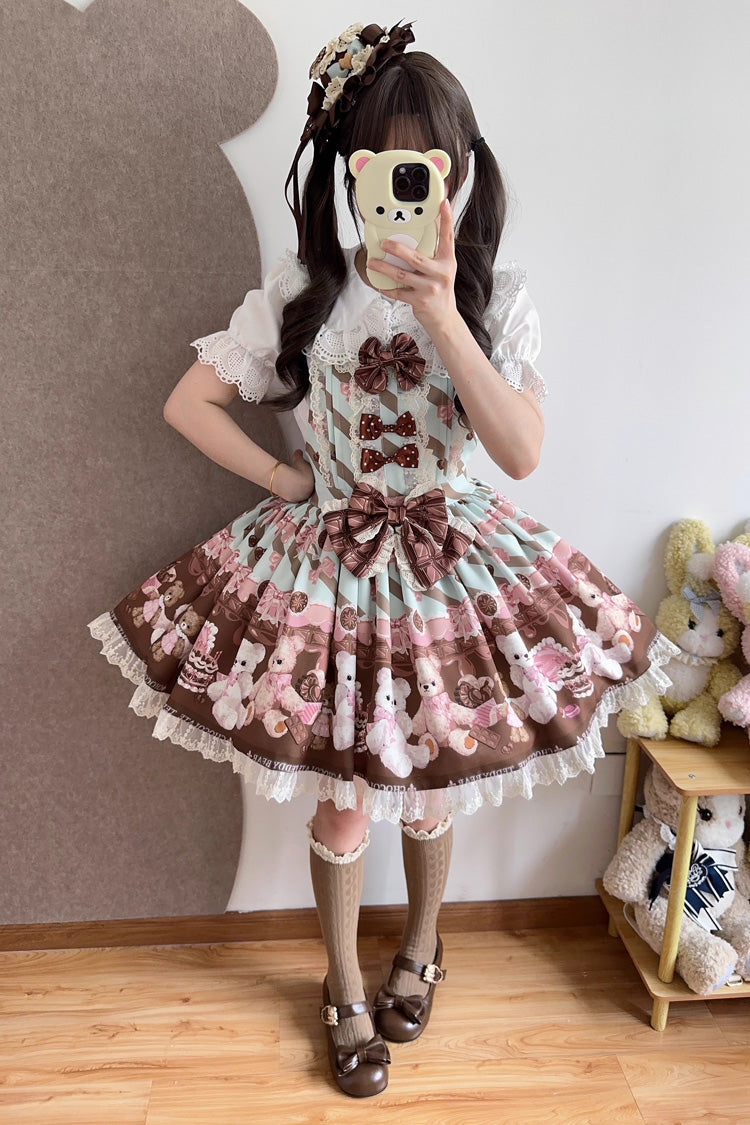 Chocolate Brownie Sleeveless Printed Ruffled Bow Lace Sweet Strap Dress