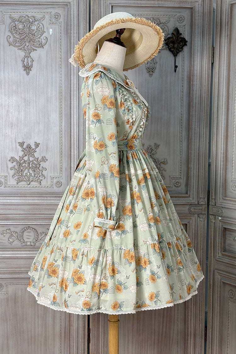 Green Sunflower Long Sleeve Floral Bow Elegant Lolita Dress