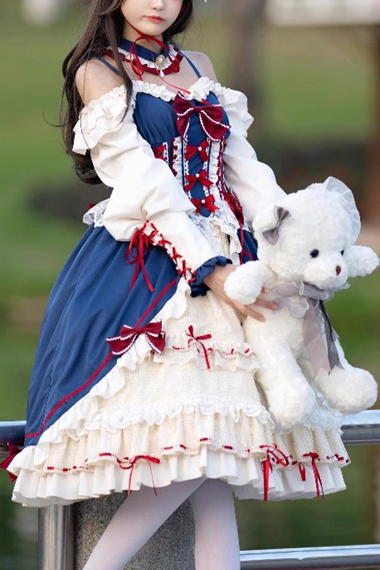 White-Blue Long Sweet Lolita Ruffle Cardigan Bowknot Dress