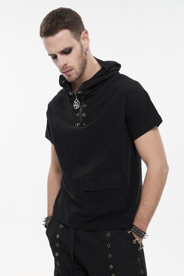 Men's Punk T-Shirt with Hooded Mesh Splice Zipper Back Openwork Lace-Up Casual Short Sleeve