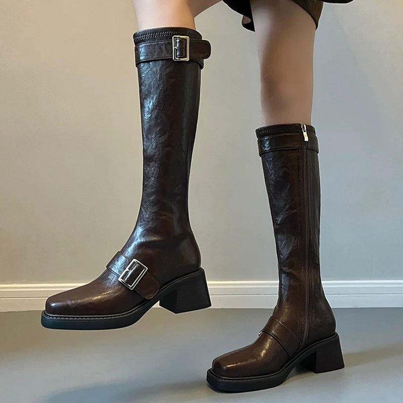 Classic Buckled Lolita Knee-High Boots - Black and Brown