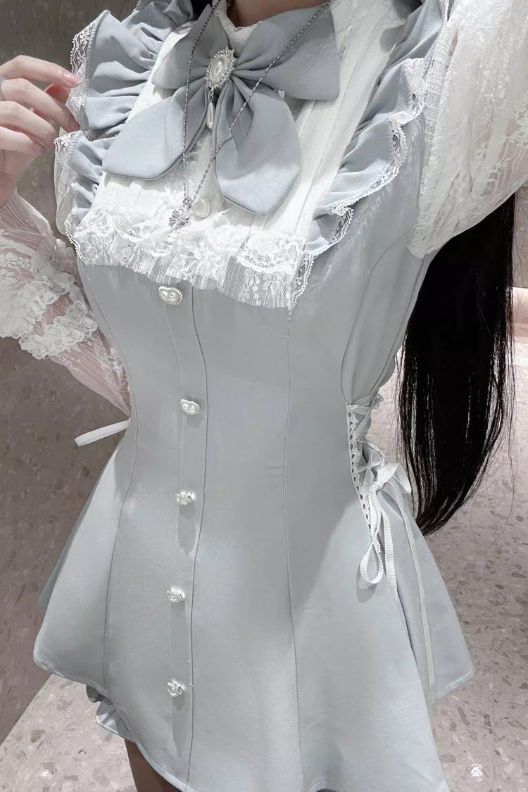 Feather Ode Stand Collar Long Sleeve Ruffled Bow Lace Japanese Streetwear Dress with Shorts