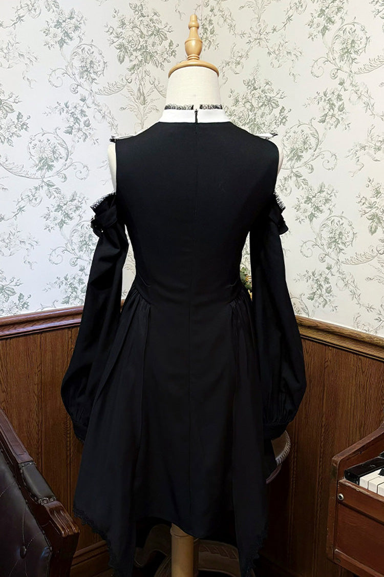 Stand Collar Off Shoulder Long Sleeves Ruffled Bow Lace Gothic Jirai Kei Dress