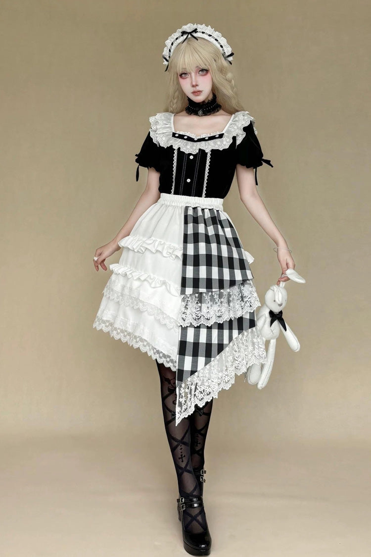 Monochrome Plaid Gothic Skirt Set with Lace and Asymmetric Hem