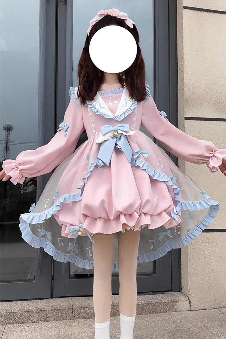 Pink Music Note Lace Sweet Lolita Dress with Bow and Ruffles