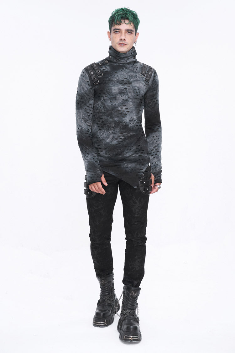 Men's Punk Shirt with Irregular Ripped Details, Stand Collar, Grey/Black