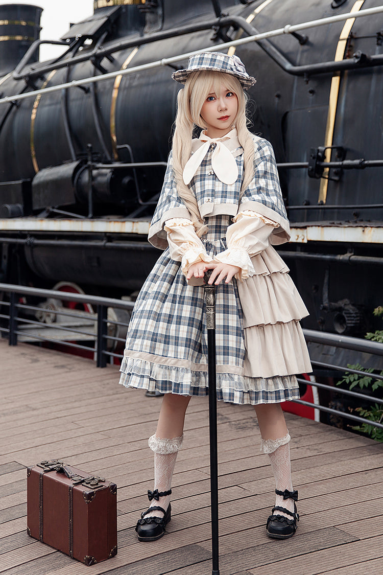 Sweet Lolita Strap Dress with Asymmetric Ruffle, High Waist, Grey/Blue Morning Tune
