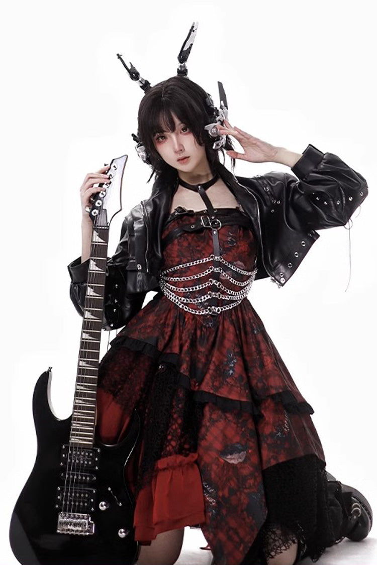 Crimson Bloody Strawberry Tears Print Sleeveless Frill Bow Lace Asymmetrical Gothic Lolita JSK