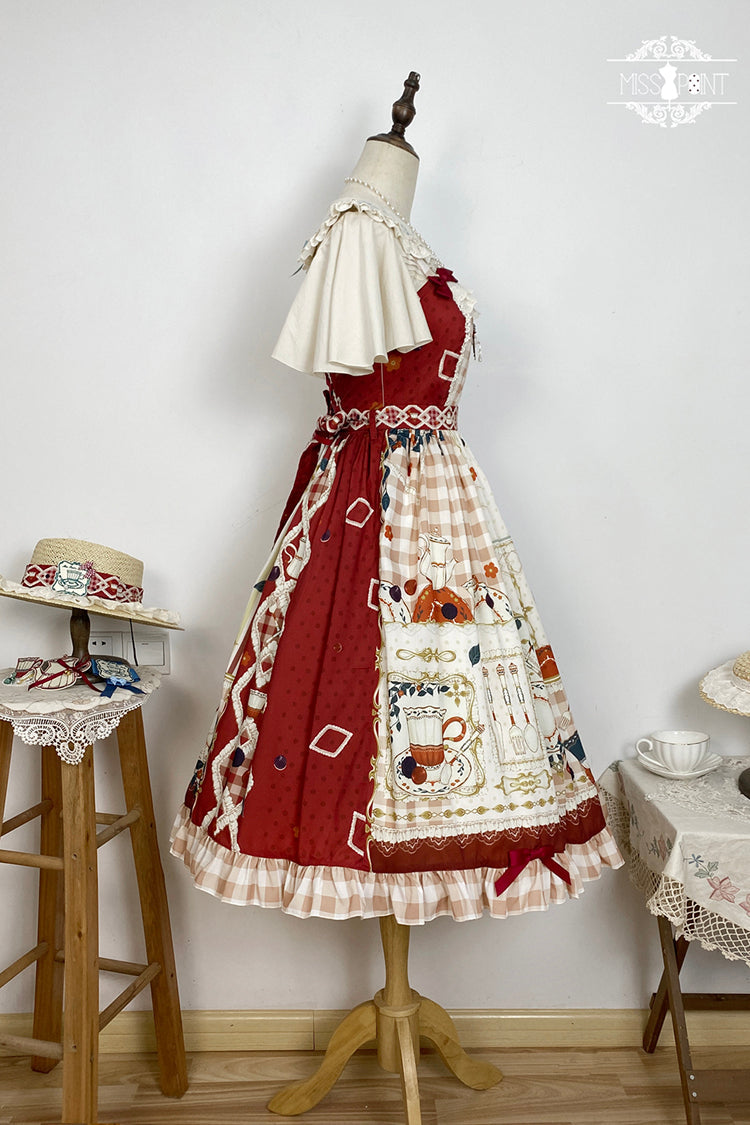 Scarlet Tea Party Printed Ruffled Bow Lace Sweet Elegant Lolita Jumper Dress