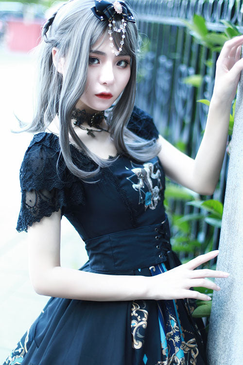 Gothic Lace Ruffle Square Collar Short Sleeve Lolita OP Dress