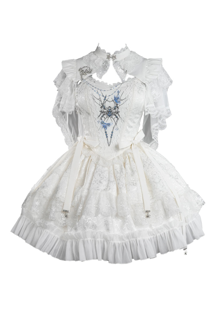 White Sleeveless Gothic Lace Skirt Set with Spider Bow