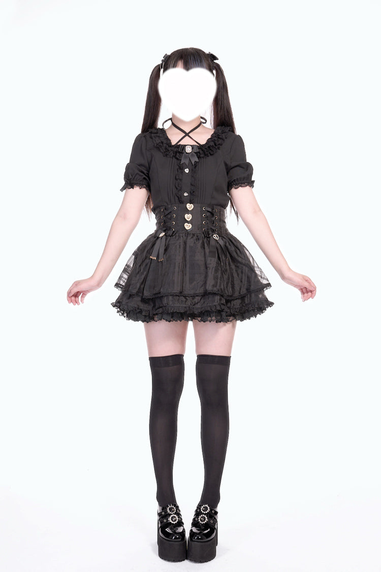 Triple-Layered Bow Lace-Up Organza Sweet Jirai Kei Skirt