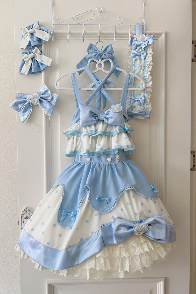 Blue Cream Polka Dot Ruffled Bowknot Sweet Lolita Jumper Dress