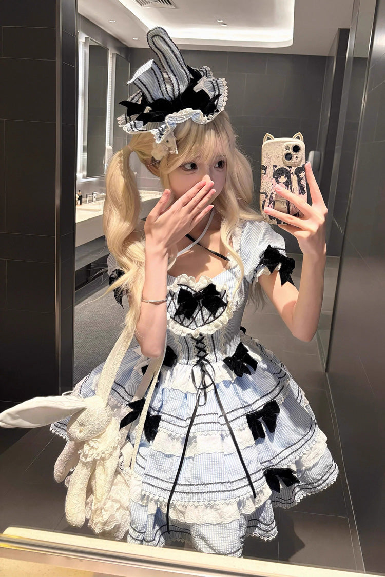 Triple Layer Short Sleeve Striped Ruffle Bow Lace Sweet Jsk