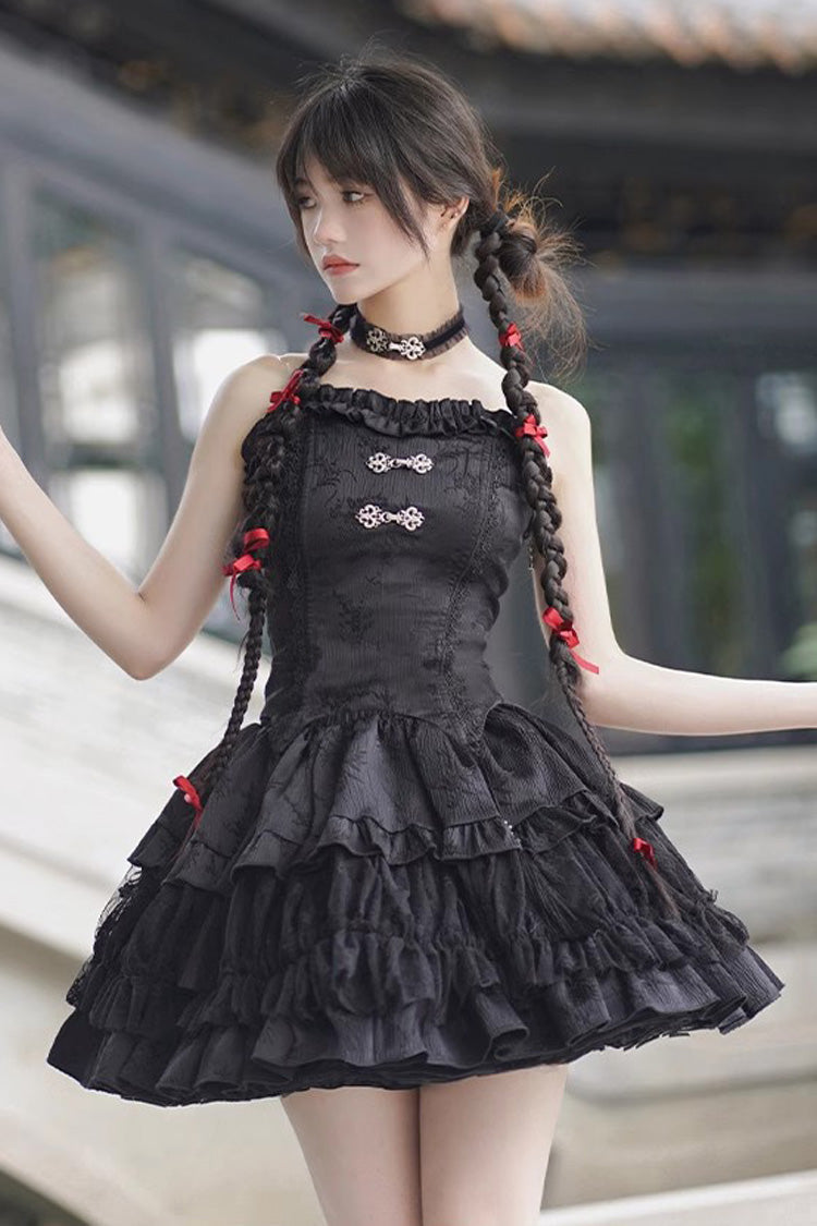 Gothic Chinese Lolita Skirt with Bamboo Leaves Print, Ruffles and Lace