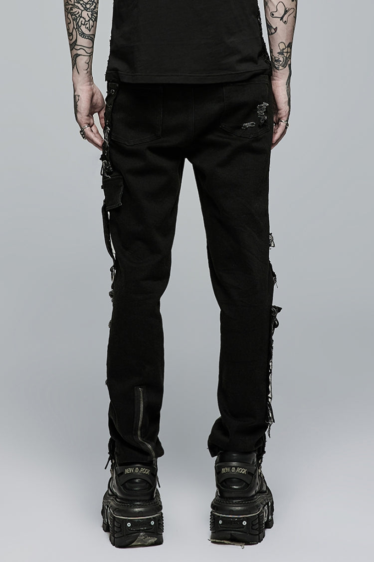 Men's Punk Pants with Hollow Lace-Up Ripped Design