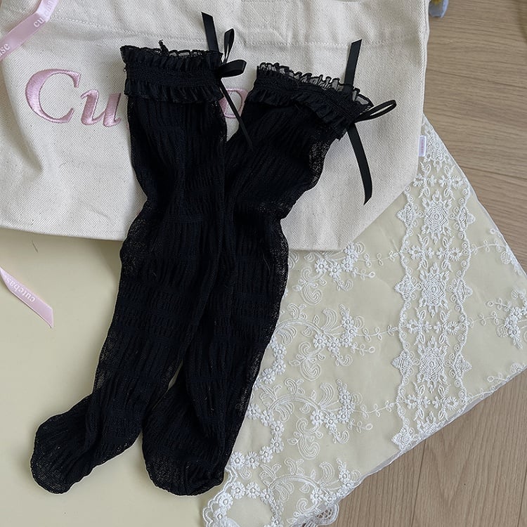 Ruffled Lace Tulle Socks Details Bowknot White/Black