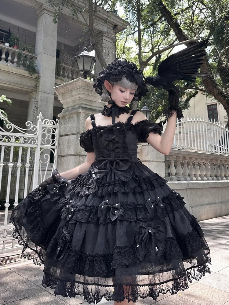 All Black Bow Accents and Bead Details Princess Lolita Dress with Big Bow at Back – MK Kawaii Store