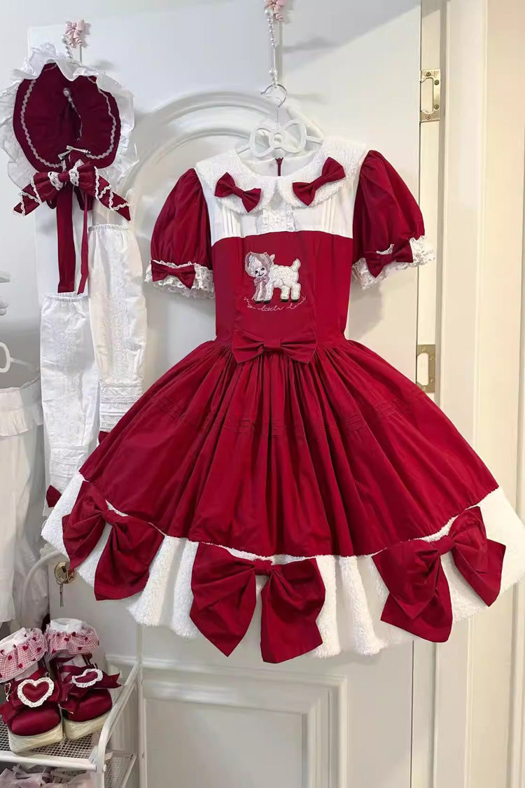 Crimson Shepherd Girl's Poem Doll Neck Short Sleeve Ruffled Bow Sweet Lolita Gown