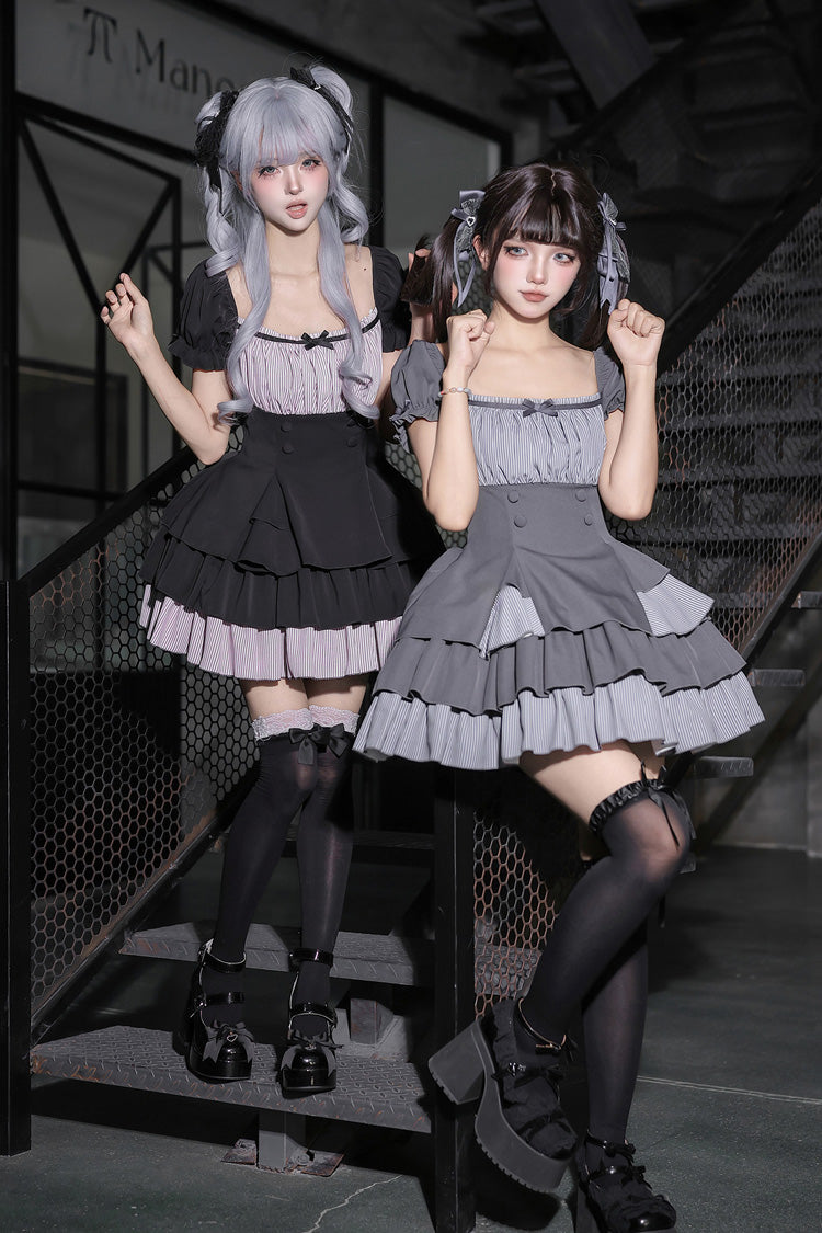 Halterneck Square Collar Ruffled Lolita Dress Set - Black/Grey
