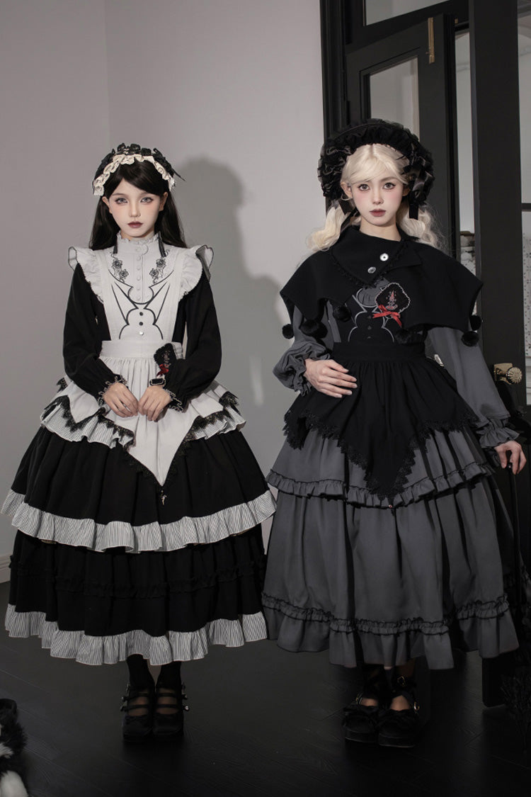 Gothic Ruffle Embroidered Long-Sleeve Dress in 2 Colors - Castle Night