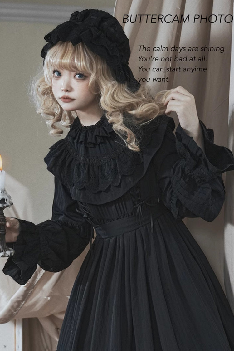 Black Good Night Long Sleeve Double-Layered Ruffle Bowknot Holy Dress