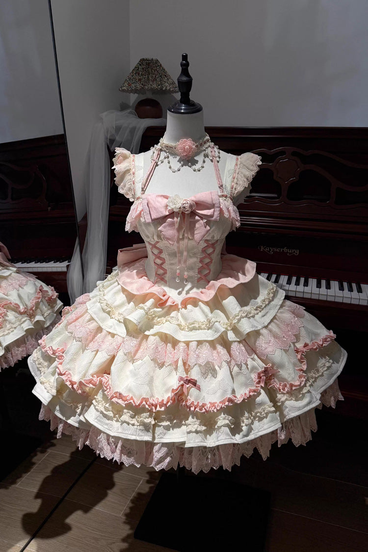 Floral Bell Dream Square Neckline Multi-Tier Ruffle Embroidered Bow Corset Lolita JSK Dress