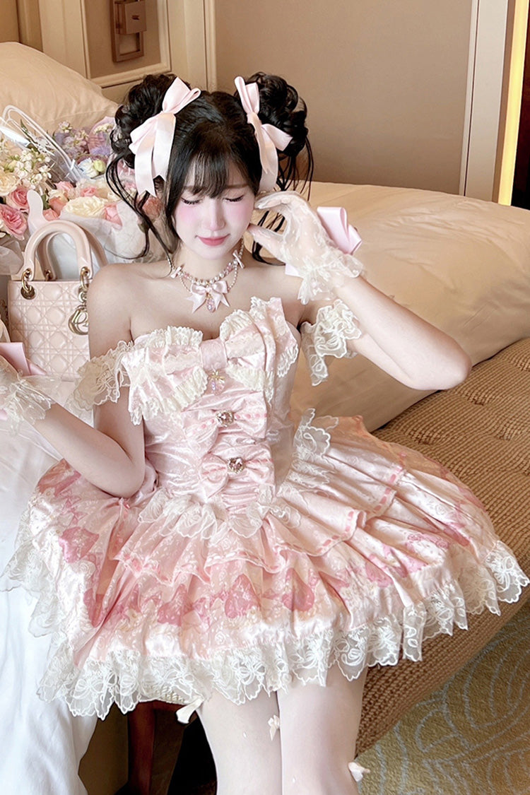 True Love Strawberry Print Dress with Off-Shoulder & Bow