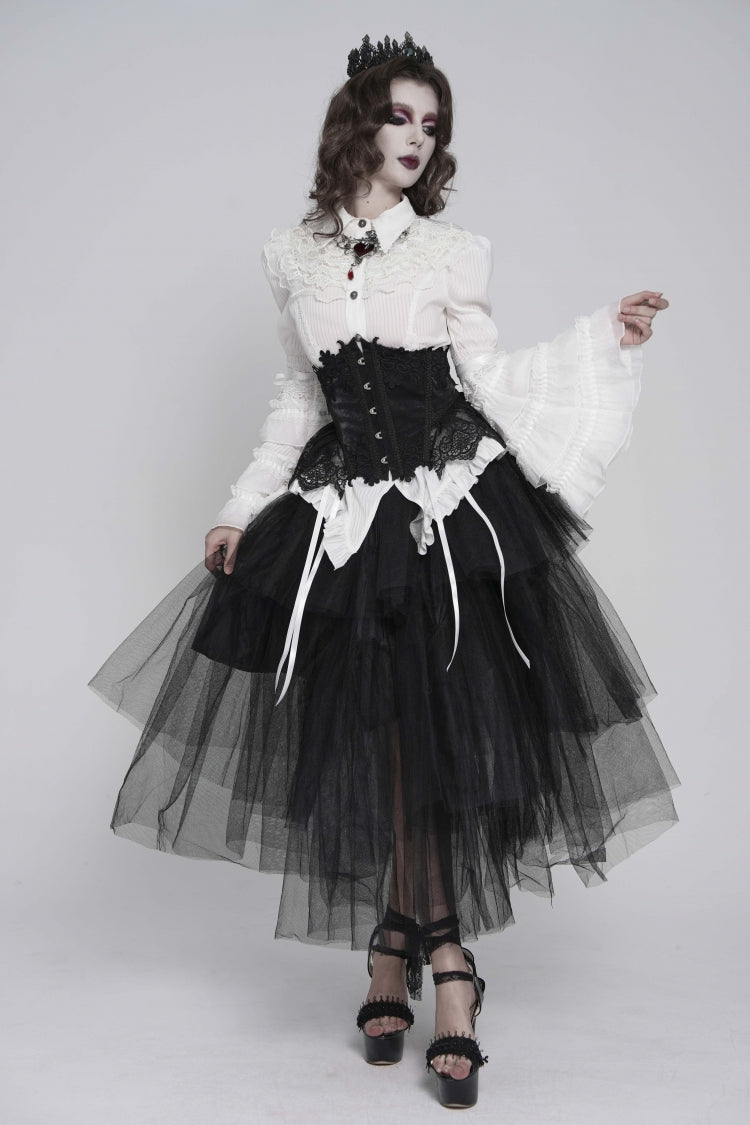 Ivory Slim Fit Women's Gothic Blouse with Trumpet Sleeves and Lace-Up