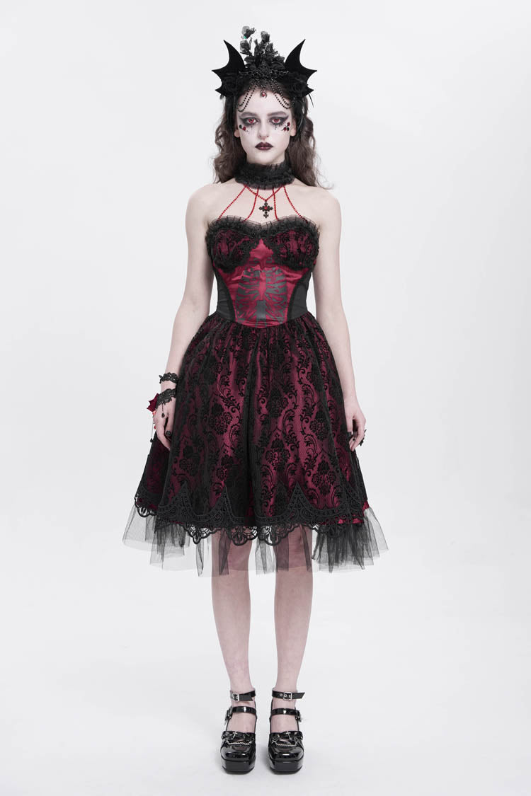 Crimson Halterneck Skeleton Print Embroidered Stitching Lace Gothic Gown