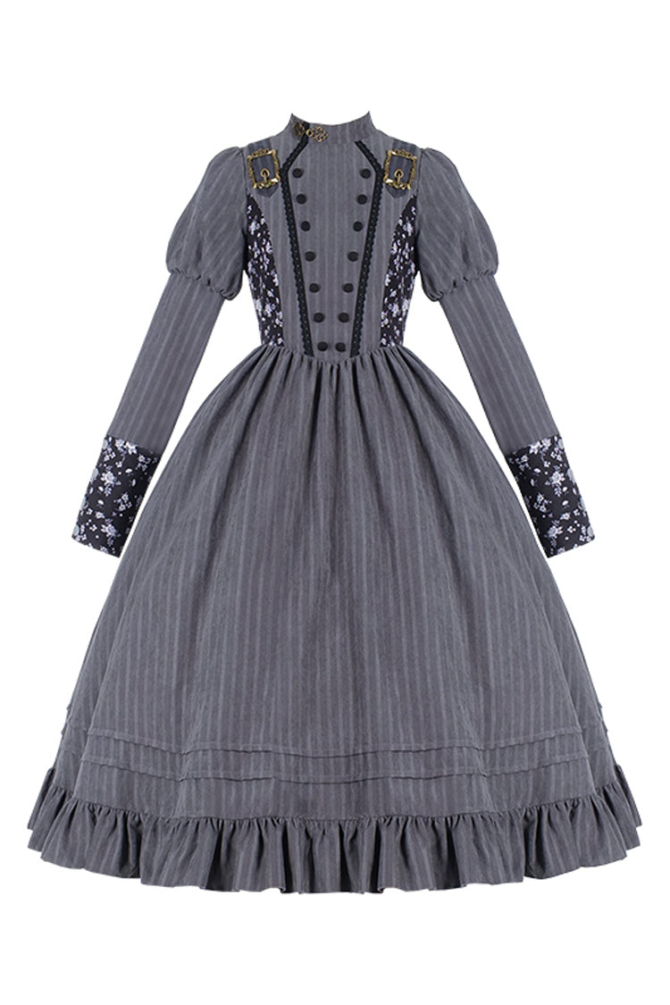 Gray Striped Long-Sleeved Classic Lolita Dress