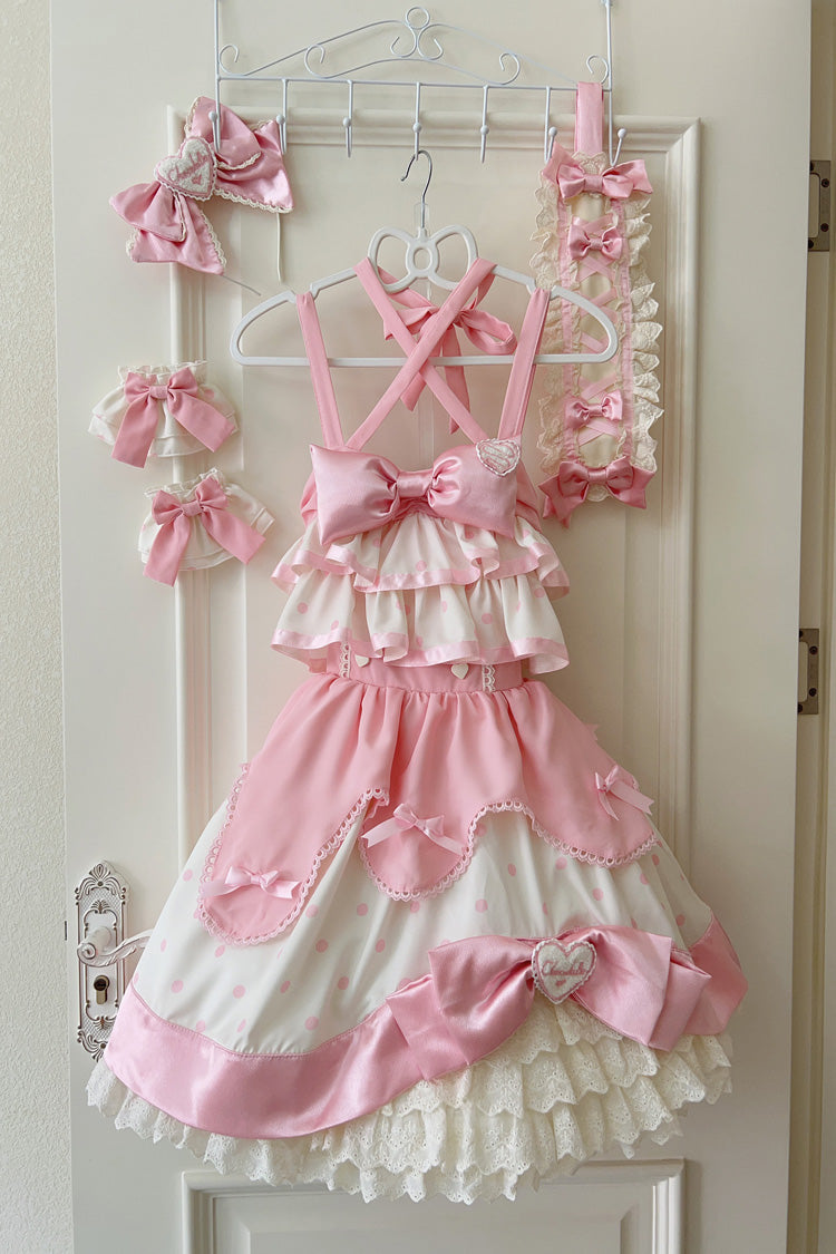 Pink Cream Polka Dot Ruffled Bowknot Sweet Lolita Jumper Dress