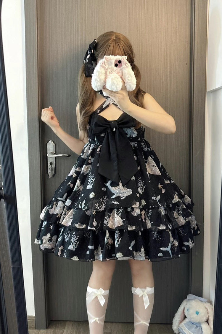 Ocean Sweetheart Halterneck Sleeveless Triple-Layered Printed Ruffled Bow Lace Sweet Strap Dress