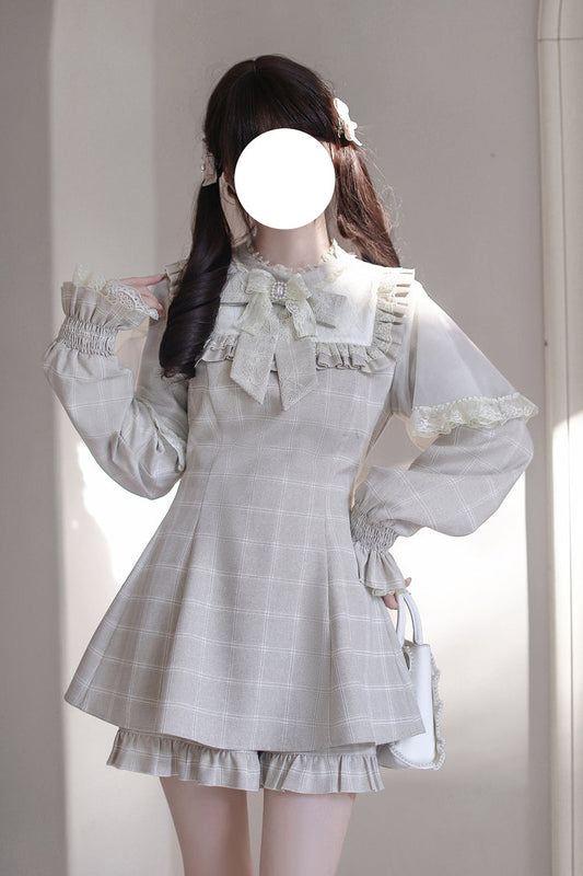 Light Brown Long Sleeve Plaid Print Ruffled Bow Jirai Kei Dress