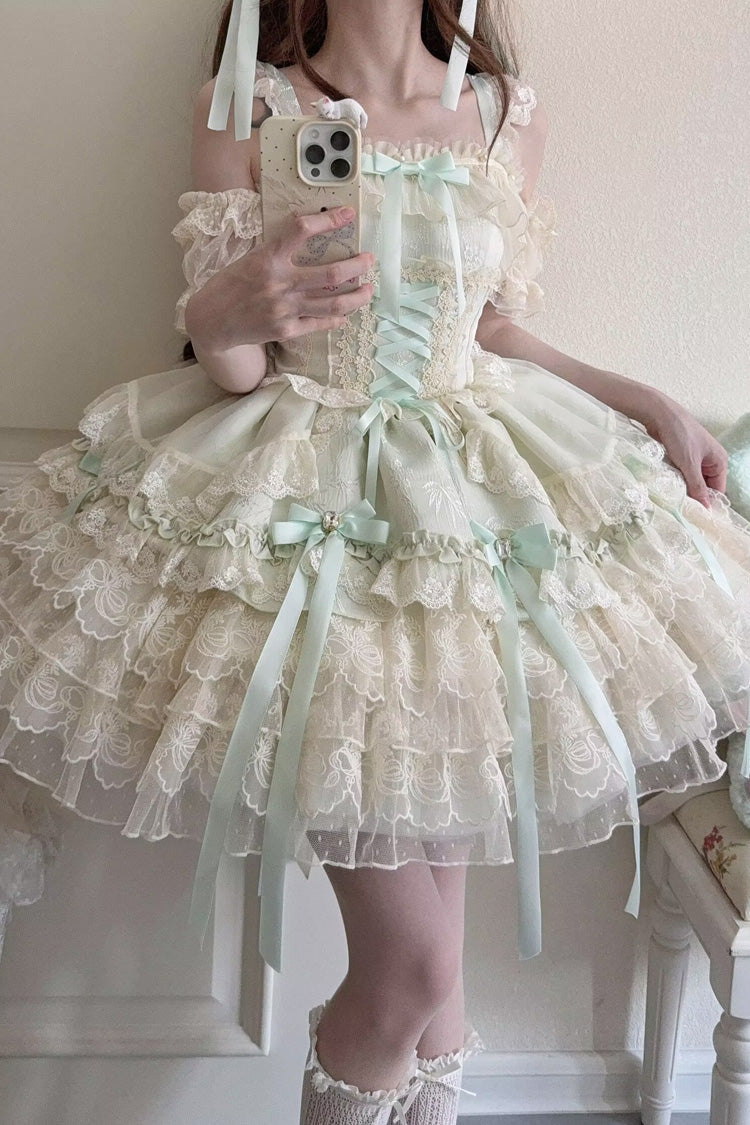 Emerald Sleeveless Layered Ruffle Bow Lace Corset Ballet Jumper Dress - Ribbon Heart Love