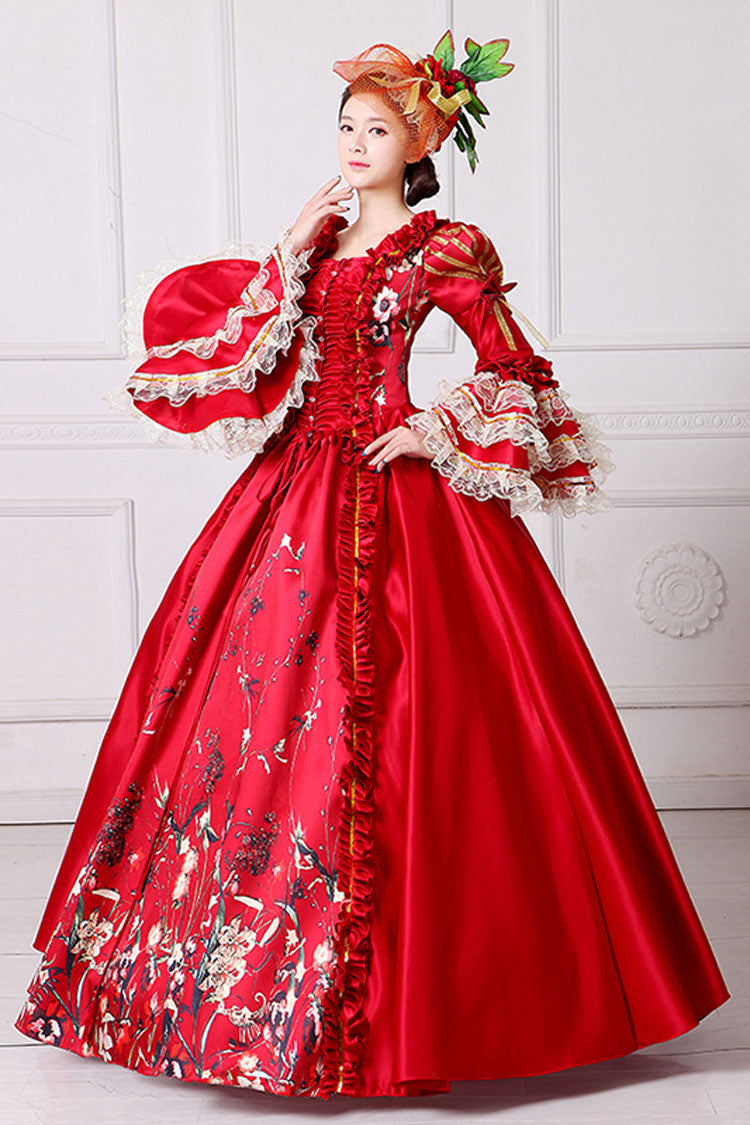 Victorian Lolita Prom Dress with Floral Print, Trumpet Sleeves, High Waist
