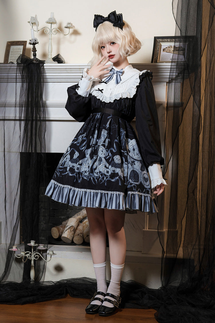 Gothic Lolita Dress with Bandage, Bear Print, Ruffles and Bowknot Lace