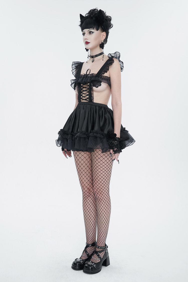 Gothic Glossy Sheer Ruffled Stretch Sexy Maid Dress