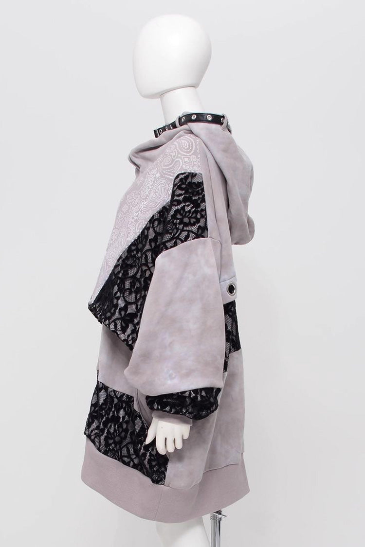 Color Blocked Tie-Dye Hooded Zip Coat with Print