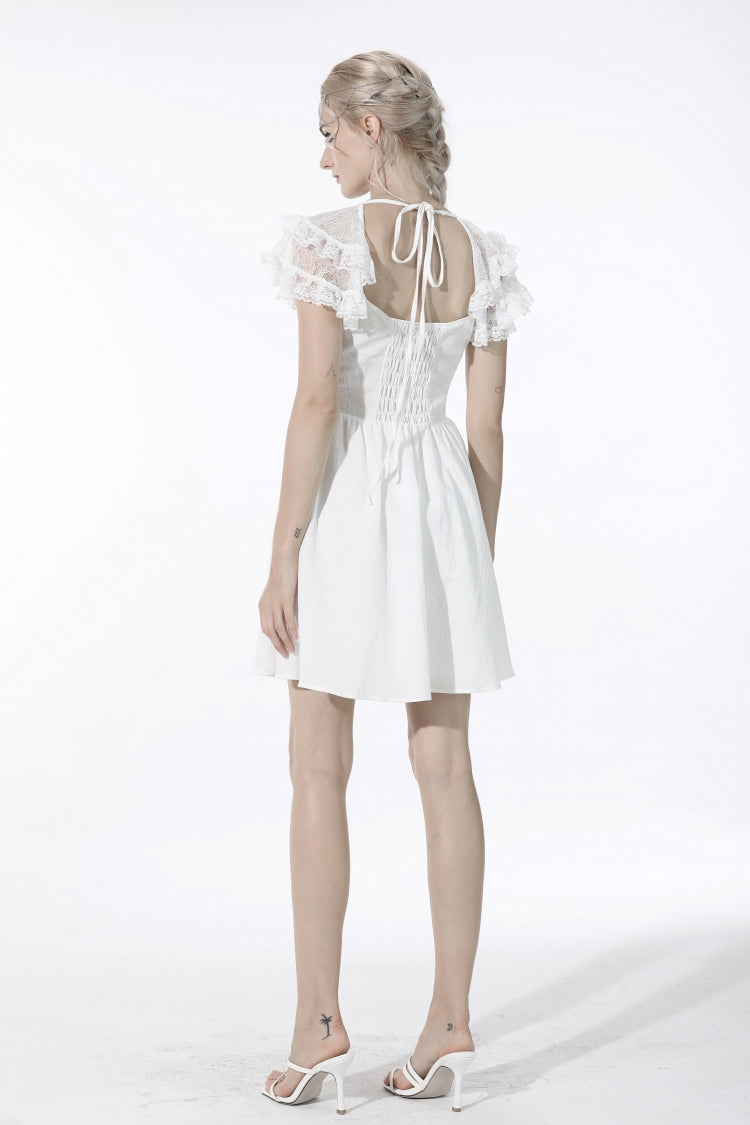 Ivory Layered Lace Square Neckline Strappy Gothic Mini Dress for Women