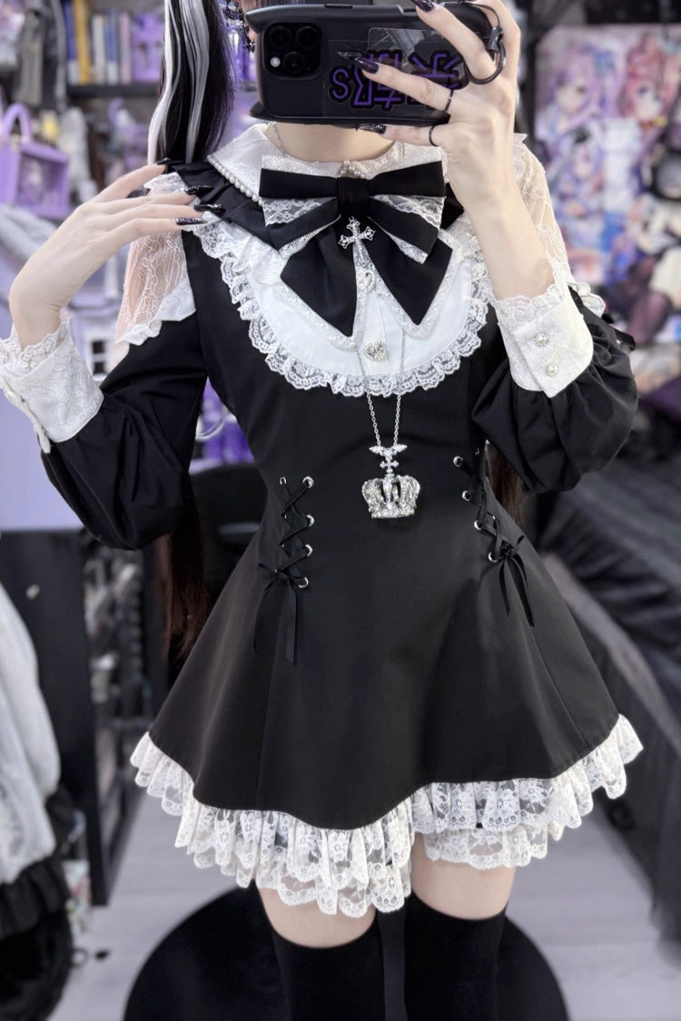 Black White Long Sleeve Hollow Bow Lace Lace-Up Sweet Jirai Kei Shorts Set