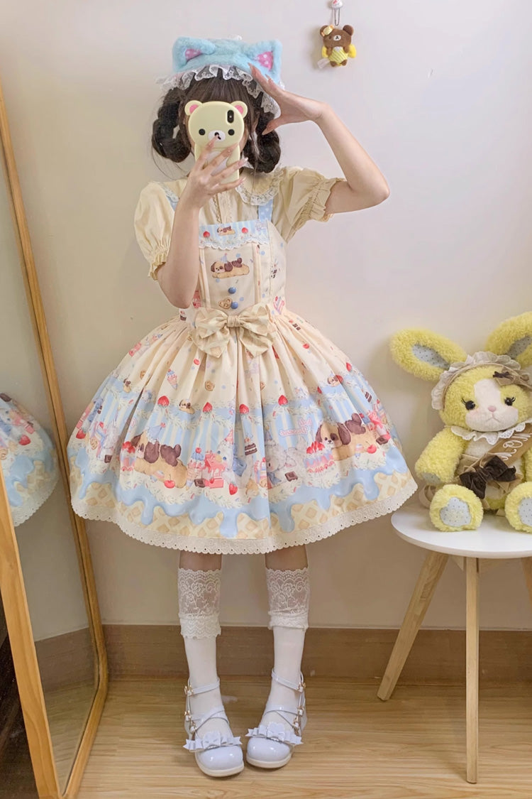 Party Print Bowknot Stitching Lace JSK Dress - Cream - Tri-Color