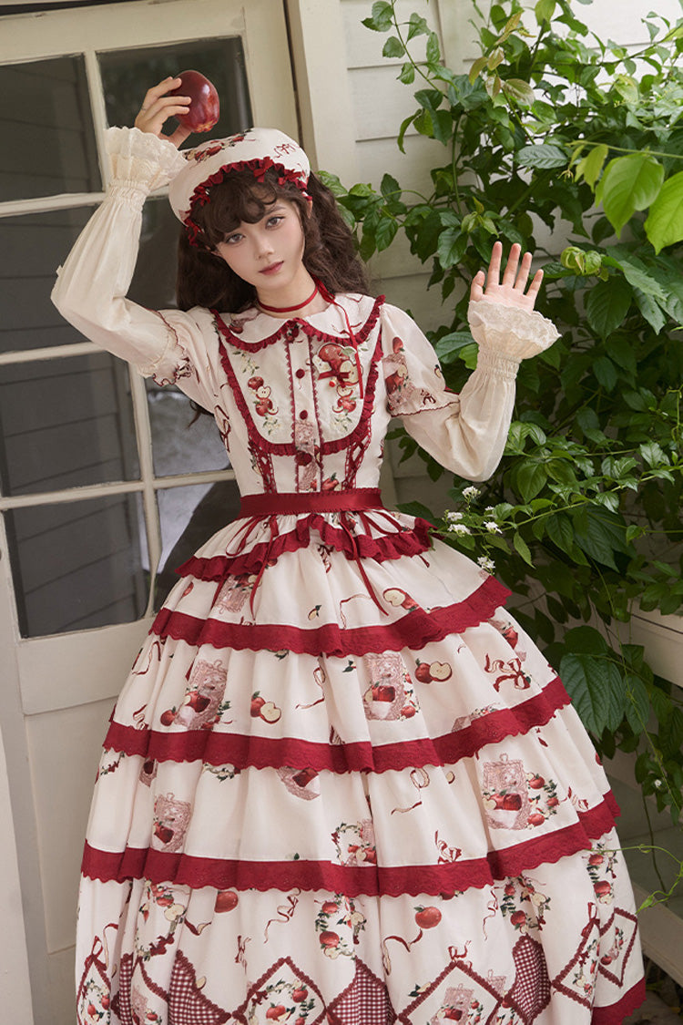 Crimson Beige Triple-Layered Apple Orchard Printed Ruffled Embroidered Sweet Lolita Maxi Skirt